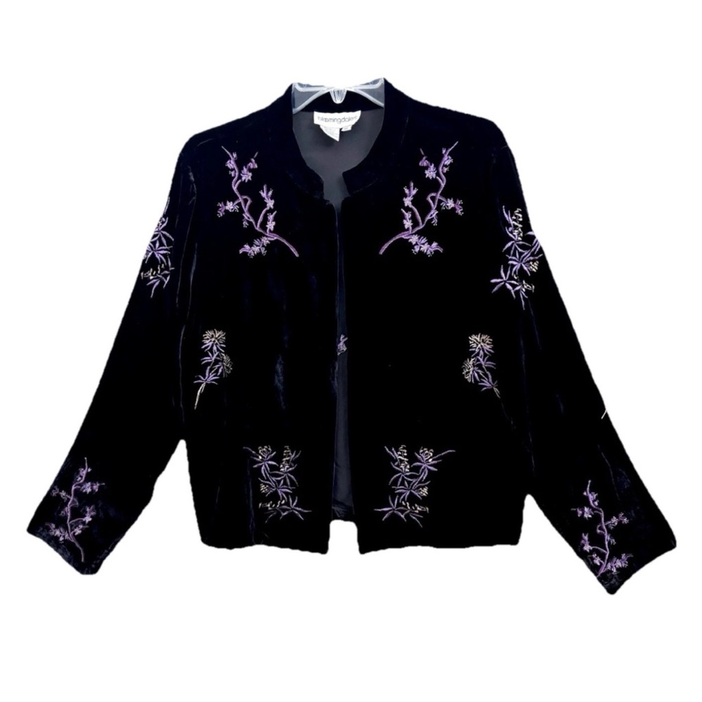 VTG BLOOMINGDALES VELVET JACKET EMBROIDERED L/XL BLACK OPEN GLAM GIRL SILK BLEND